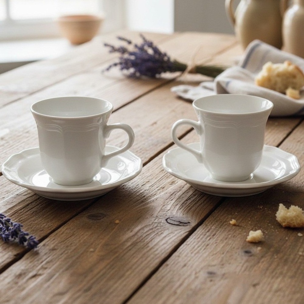 Mikasa French Countryside White 8.5 oz Coffee Tea Cups & Saucers Set of 2